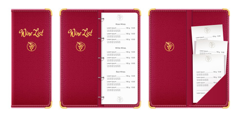 Red covered wine list. Bar menu book with check. Concept design