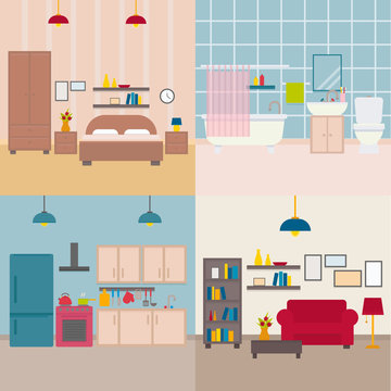 Set of vector flat apartment rooms: kitchen, bathroom, living room, bedroom