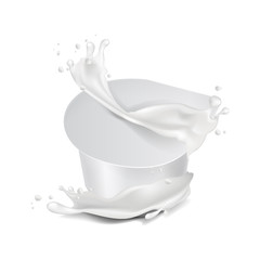 Vector round white glossy plastic pot with foil cover and milk splash. For dairy products yogurt, cream, dessert or jam. Vector realistic packaging mockup template