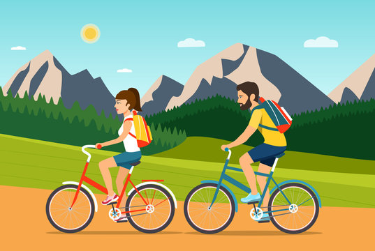 Young woman and man ride the bike. Summer moutain and forest landscape. Flat vector illustration