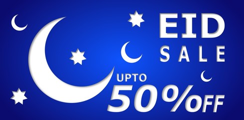 blue eid sale banner with hanging lanterns and moon