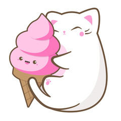 Kawaii illustration of a cute fat white cat enjoying a huge sweet strawberry ice cream cone 
