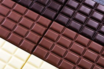 chocolate in diffrent color. milk, dark and white chocolate bars