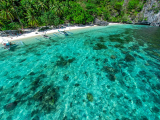 Seascape landscape from the sky. Beach on top. Sea, sand, palm trees.