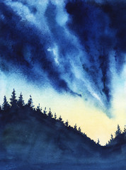 Silhouette of overgrown pine forest in the mountains against the backdrop of the setting sun. Gradient from dark blue to yellow. Watercolor illustration of a hand drawn on paper.