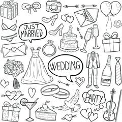 Just Married Wedding Doodle Icon Hand Draw Line Art	