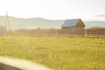 Rural landscape: green meadow, house and old wooden fence