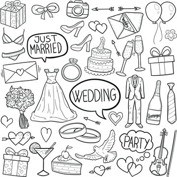 Just Married Wedding Doodle Icon Hand Draw Line Art	