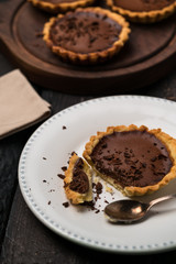 dessert, chocolate tart, tartlets, white plate, bright colours, vintage effect, rustic style