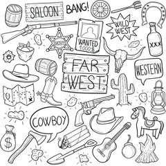 Obraz premium Far West America Doodle Icon Hand Draw Line Art 