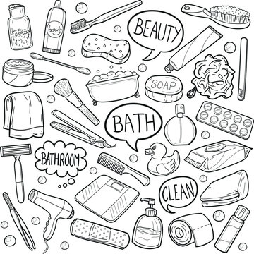 Bathroom WC Tools Doodle Icon Hand Draw Line Art	