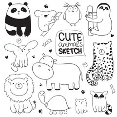 Set of vector cartoon sketch illustration with cute doodle animals © Alexandra