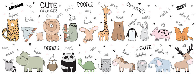 Vector cartoon sketch illustration with cute doodle animals