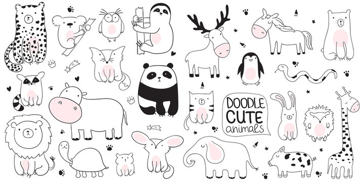 Vector cartoon sketch illustration with cute doodle animals