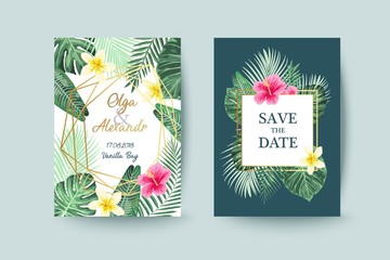 Summer card design. Save the date. Exotic tropic palm leaves and flowers. Invitation, poster, cover template. Geometric and floral frame.