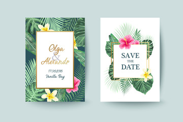 Summer card design. Save the date. Exotic tropic palm leaves and flowers. Invitation, poster, cover template. Geometric and floral frame.