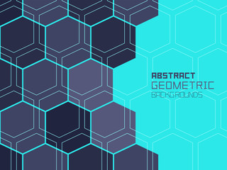 Abstract geometric background with blue hexagons, technology concept. Colorful ornament. isolated on gray-black background