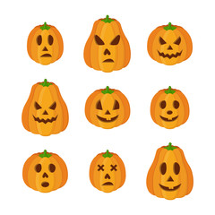 Vector pumpkins for Halloween. Funny, scary faces. Cartoon flat style