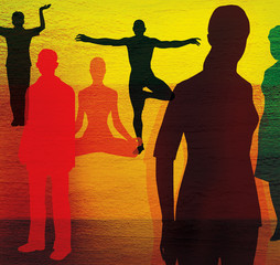 A group of people in ordinary poses and yoga poses. On a multicolored textured background