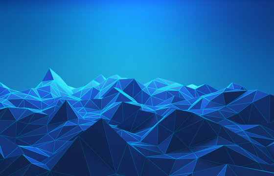 Wireframe Of Mountains In Technology Concept. Sci-Fi Data Futuristic Background. 3d Illustration.