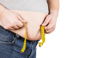 Thick mature man measuring belly yellow measuring tape isolated on white background.
