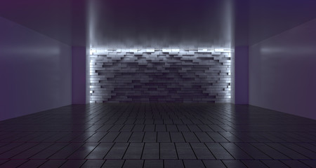 Empty Room With Wooden Floor And Empty Brick Wall With Led Lights. 3D Rendering
