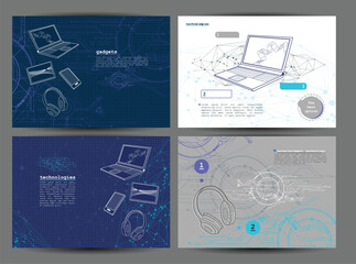 Modern template collection on technology theme. Blueprint style. Graphic backgrounds with laptops, headphones, smartphone and tablet. Abstract technic theme. - 208292903