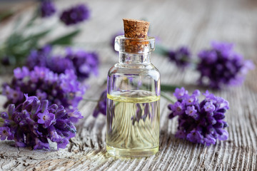 A bottle of essential oil with fresh blooming lavender