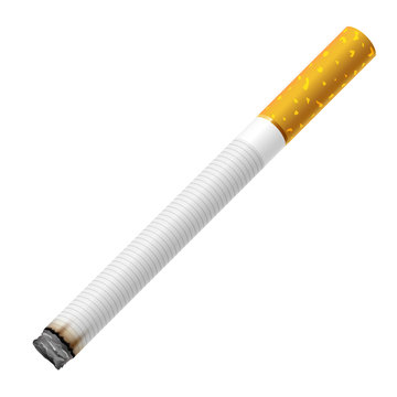 Realistic image of a classic burning cigarette with tobacco, isolated on white background. 3d, vector illustration for design.