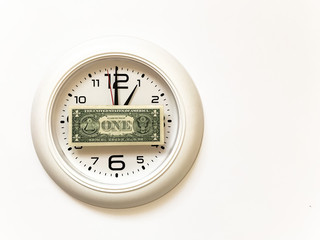 White wall clock and one dollar on a white background2