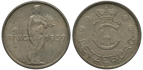 Luxembourg Luxembourgish coin 1 one franc 1939, standing woman with sickle and sheaf divides face...