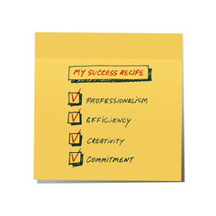 Success Recipe: List of requirements to achieve success written by hand on a yellow sticker. Isolated on white background.