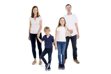 Fototapeta premium Happy family with two kids on studio white background