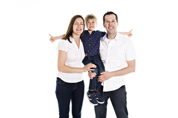 Fototapeta premium Happy family with his blond boy isolated on white background