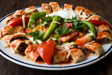 Turkish Food Beyti Kebap / Shawarma Kebab with Yogurt