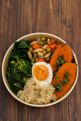 sweet potato with beans, quinoa, boiled egg