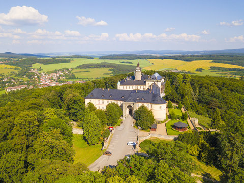 Aerial view of chateau Zbiroh. Romanesque-Gothic castle was founded at the end of the 12th century. Famous tourist attraction in Czech republic, European union.