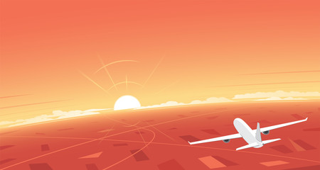 Plane Flying and Sunset and Banner Background