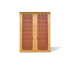 Wooden door with Thai ornamental motif, isolated on white background with clipping path.