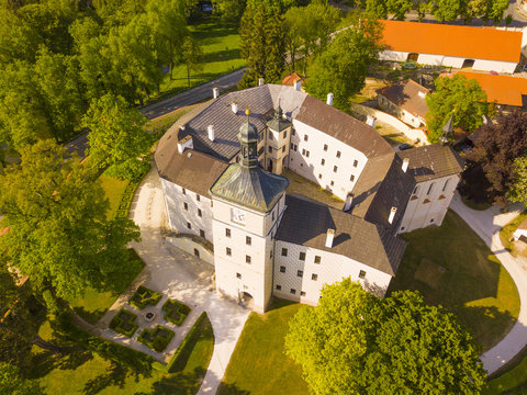 Aerial view of castle in Breznice with park. Renaissance style architecture from drone view. Originally gothic fortress from 13th century. Breznice in Czech republic, European union.