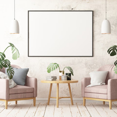 Mock up posters in the interior in the style of lagom. 3D rendering