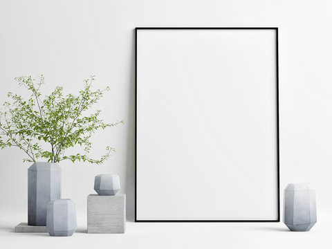 mock up empty frame with plant decoration, 3d render, 3d illustration