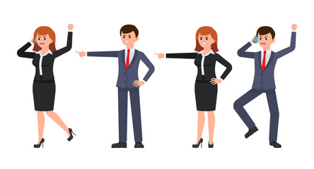 Fototapeta na wymiar Angry businessman and businesswoman talking on phone and pointing finger. Vector illustration of office workers cartoon characters