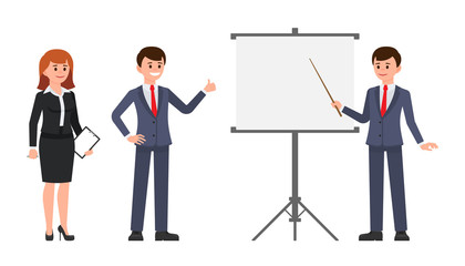 Male and female office workers making report on flip chart. Vector illustration of cartoon character young coworkers at presentation