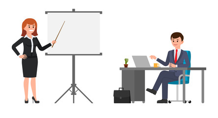 Young woman in black suit making presentation in front of man in dark blue suit. Vector illustration of cartoon character business meeting