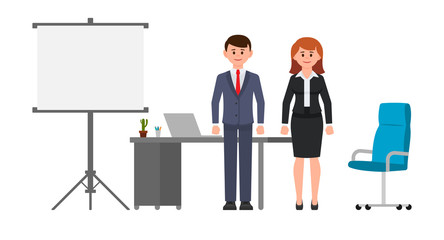 Obraz premium Smart business man and woman standing near office desk, flip chart and chair. Vector illustration of cartoon character working people