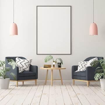 Mock up posters in the interior in the style of lagom. 3D rendering