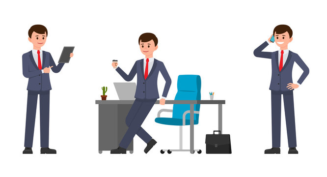 Young man in dark blue business suit sitting on office desk, drinking coffee, talking on smartphone, using tablet. Vector illustration of cartoon character working day