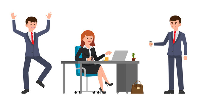 Young woman sitting at the desk, using laptop. Young man holding coffee, happily laughing. Vector illustration of cartoon character casual working day