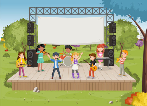 Band with cartoon children playing music on stage in the park